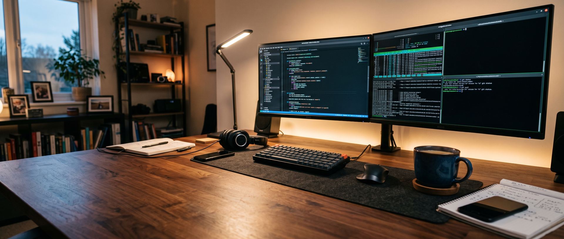 Estación de desarrollo con monitores mostrando código fuente y terminal de inteligencia artificial