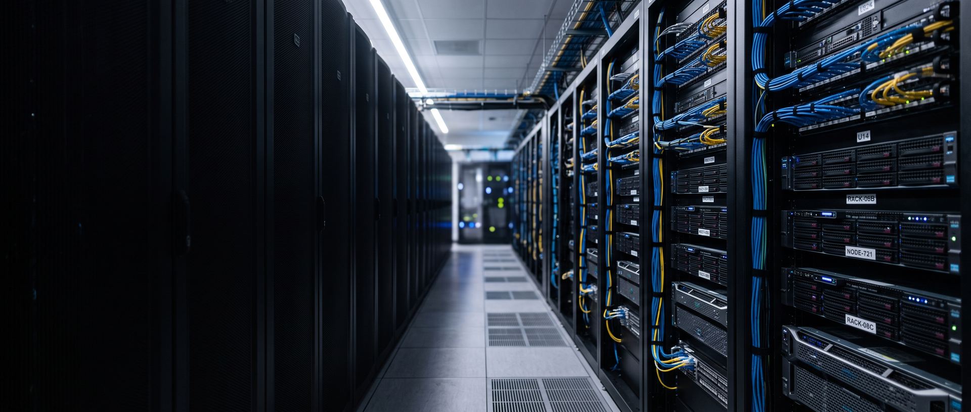 Pasillo de centro de datos con racks de servidores e infraestructura de telecomunicaciones