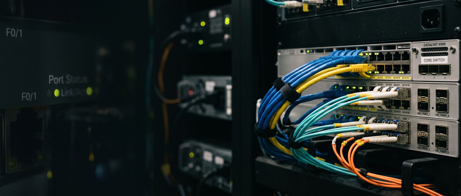 Switch de red empresarial con cableado estructurado y fibra óptica
